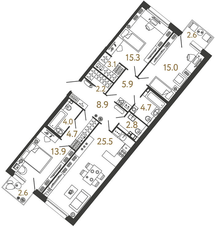 Планировка: 3-комнатная квартира, 106,0 м²