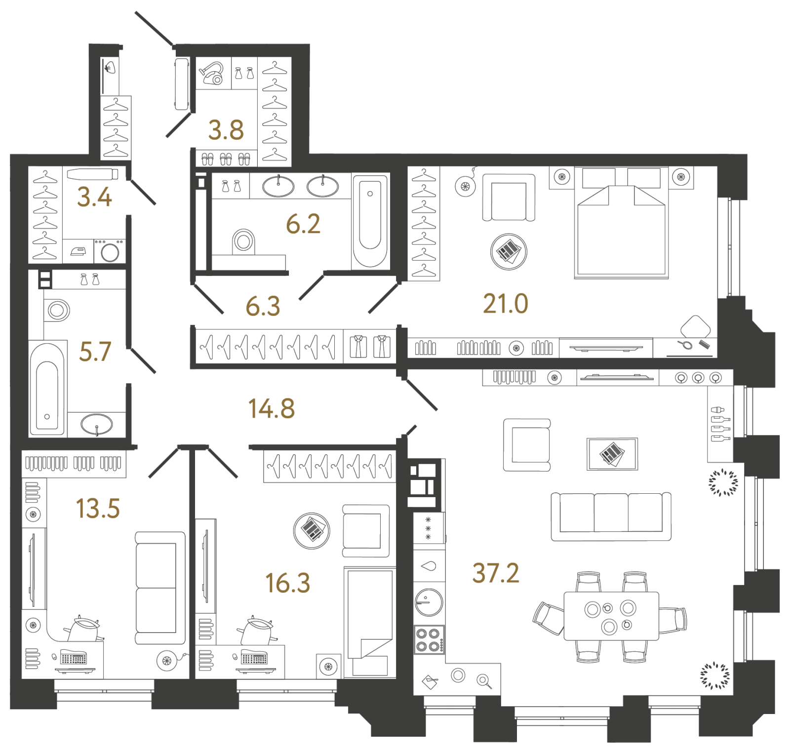Планировка: 3-комнатная квартира, 128,2 м²