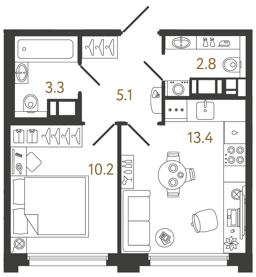 Планировка: 1-комнатная квартира, 34,8 м²