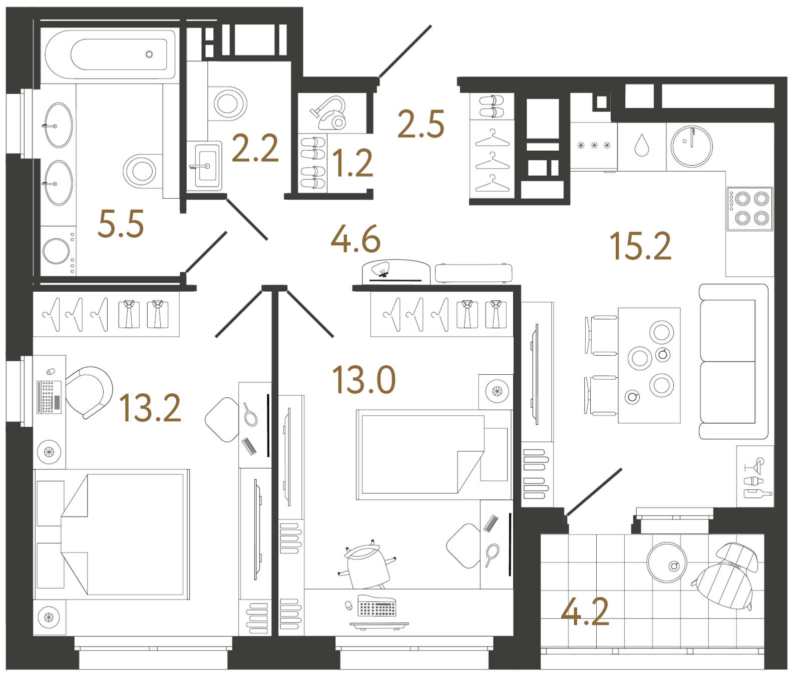 Планировка: 2-комнатная квартира, 57,4 м²