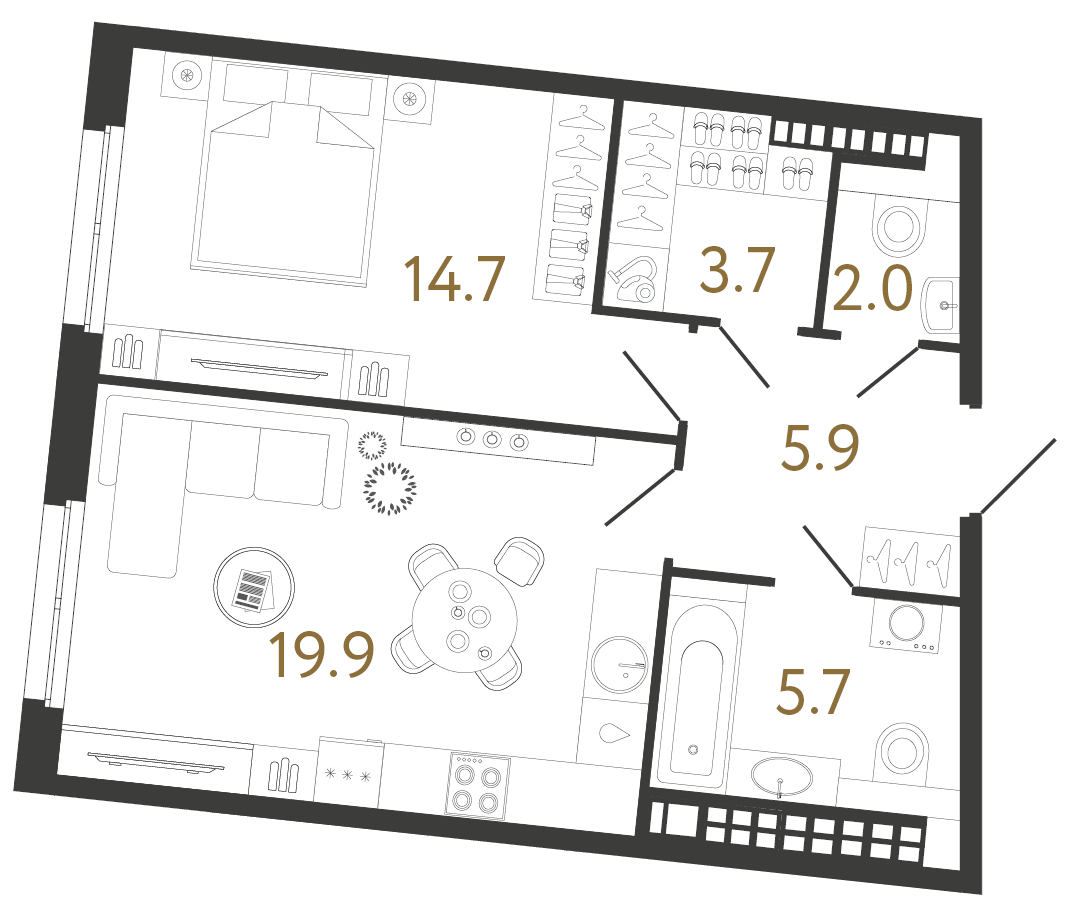 Планировка: 1-комнатная квартира, 51,9 м²
