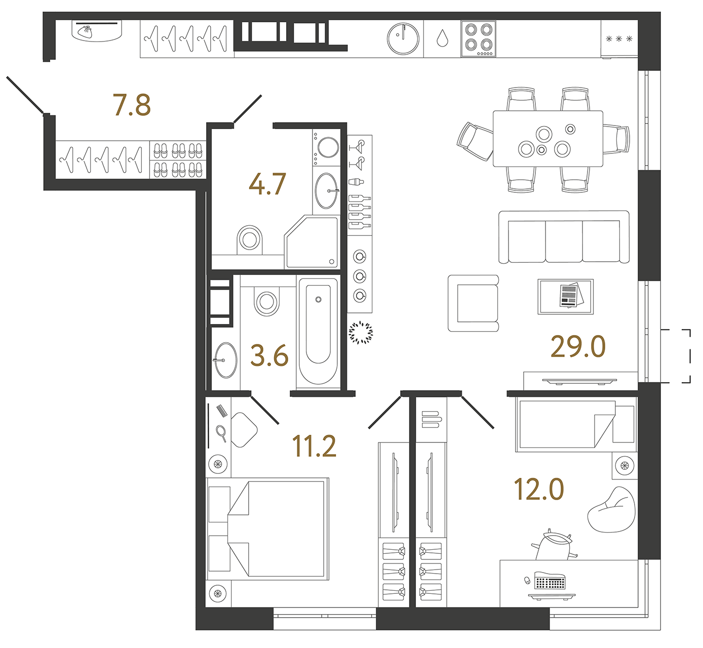 Планировка: 2-комнатная квартира, 68,3 м²