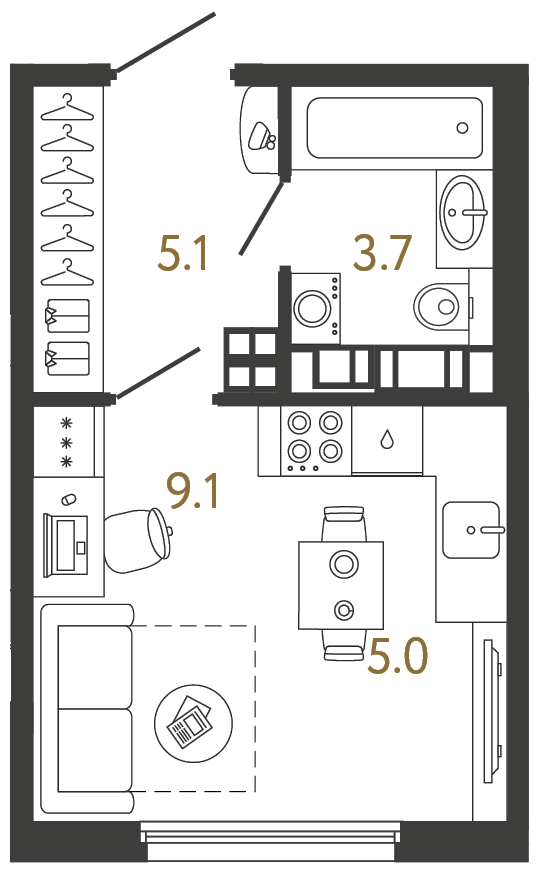 Планировка: студия, 22,9 м²