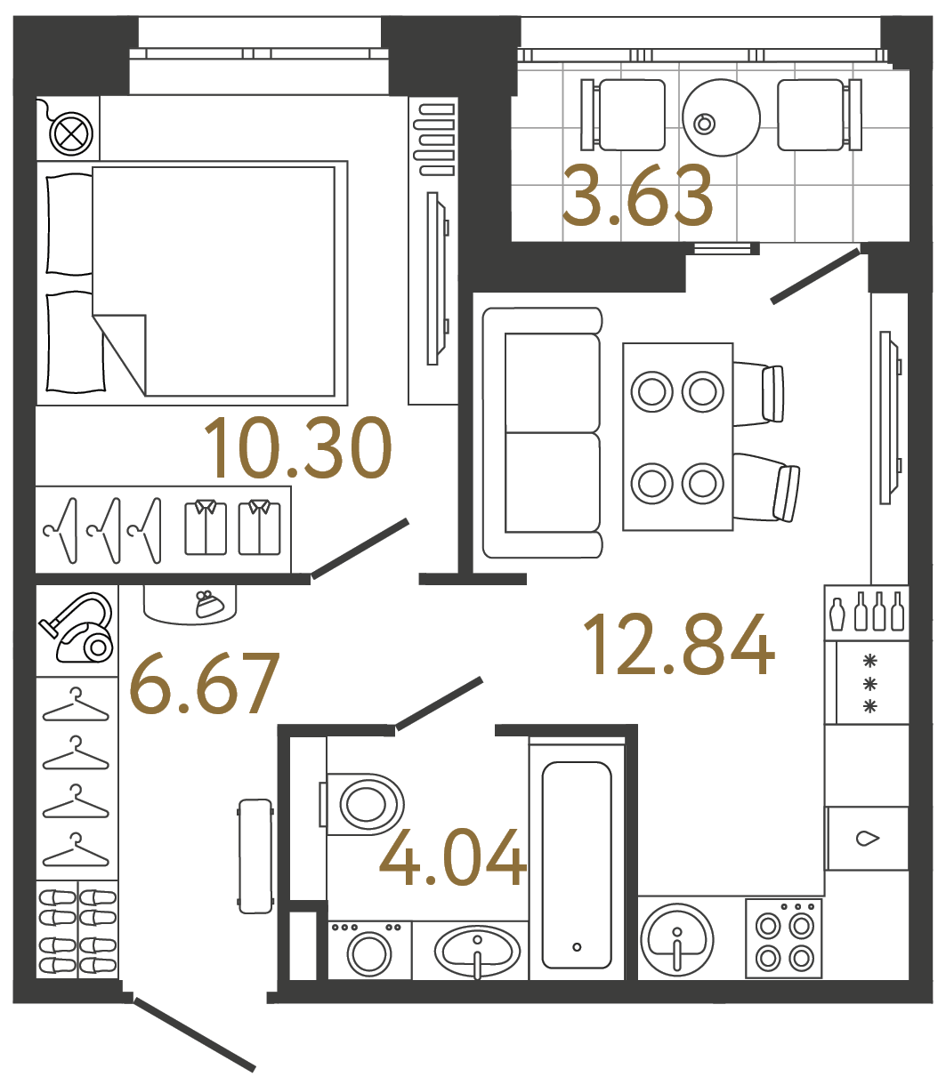 Планировка: 1-комнатная квартира, 33,9 м²