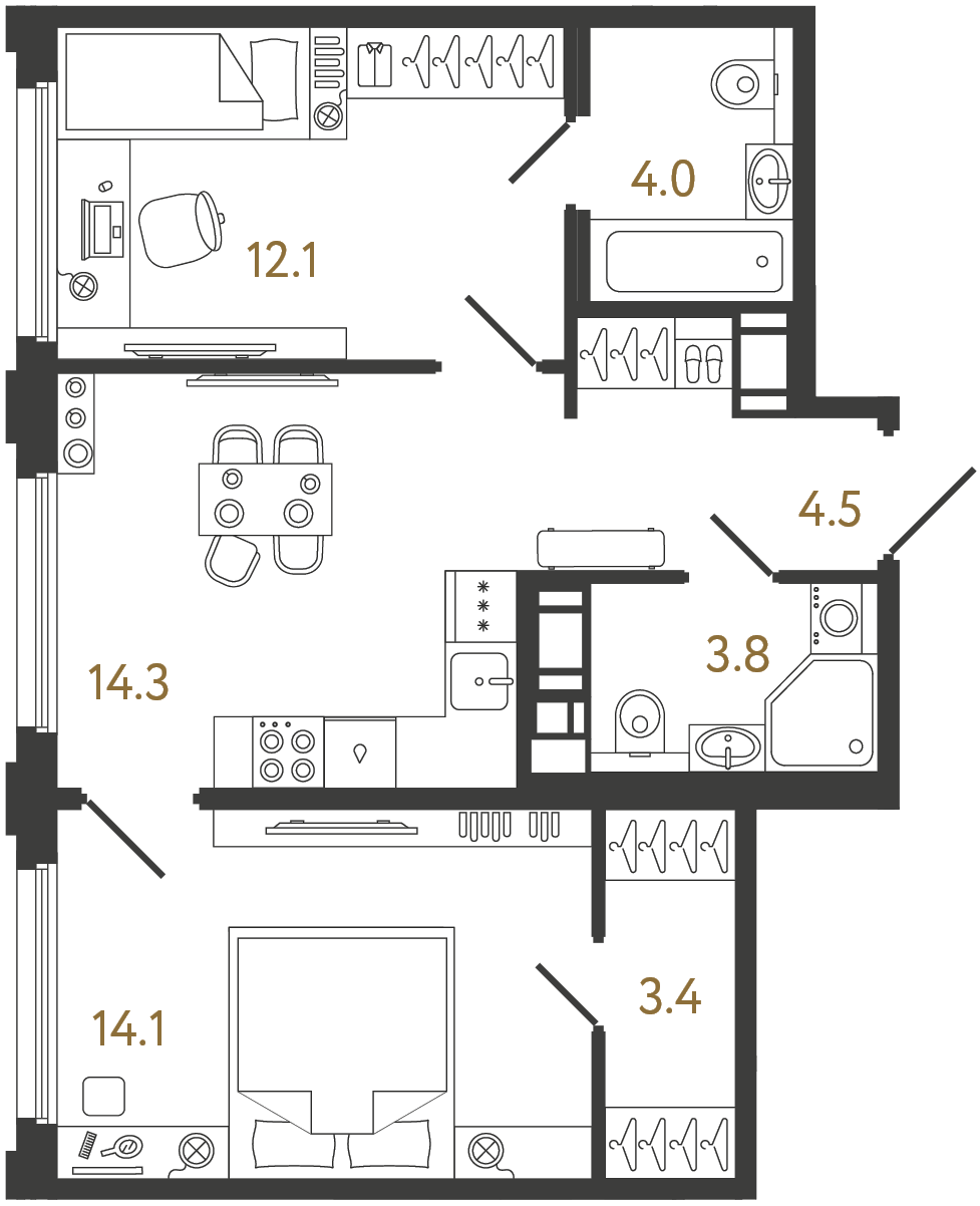 Планировка: 2-комнатная квартира, 56,2 м²