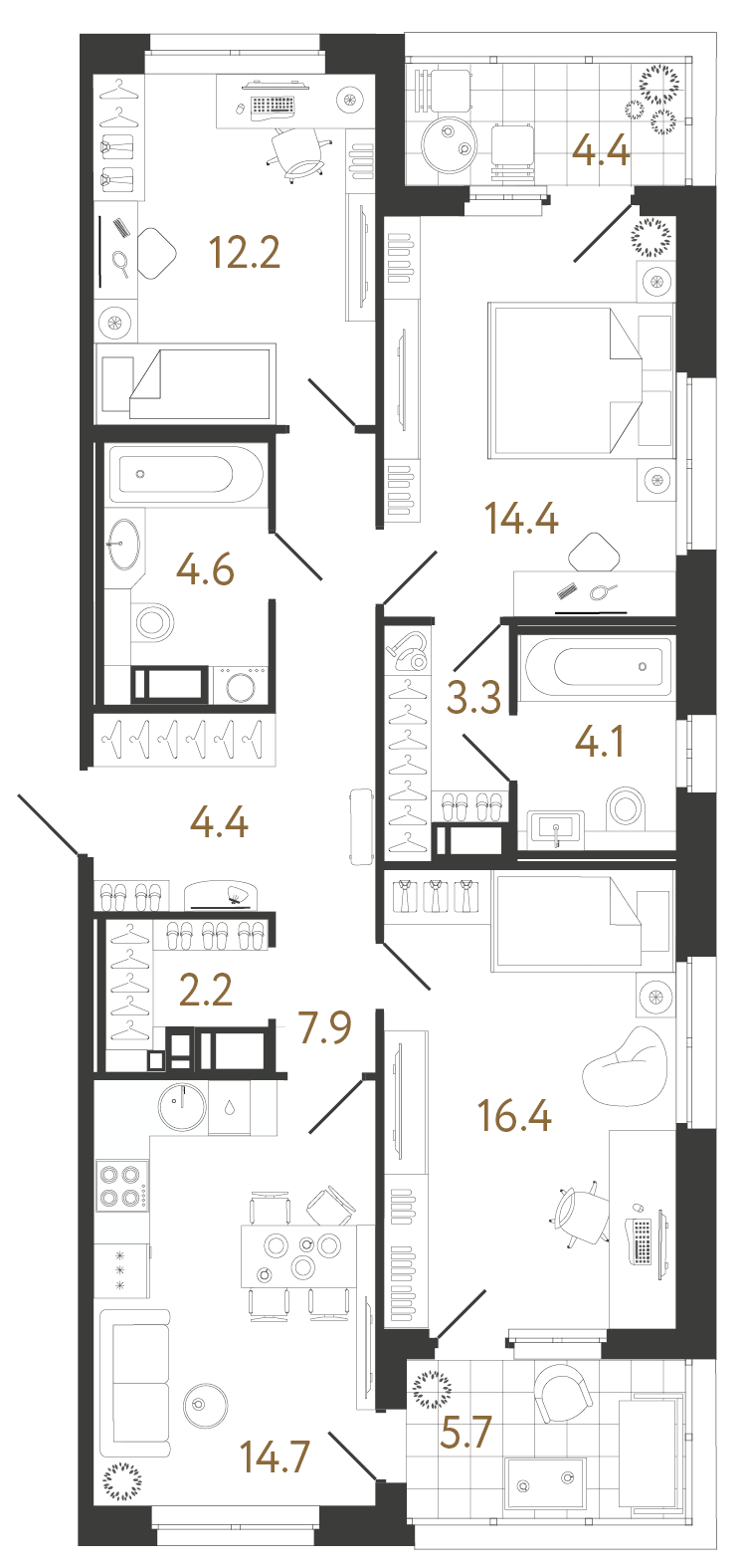 Планировка: 3-комнатная квартира, 84,2 м²