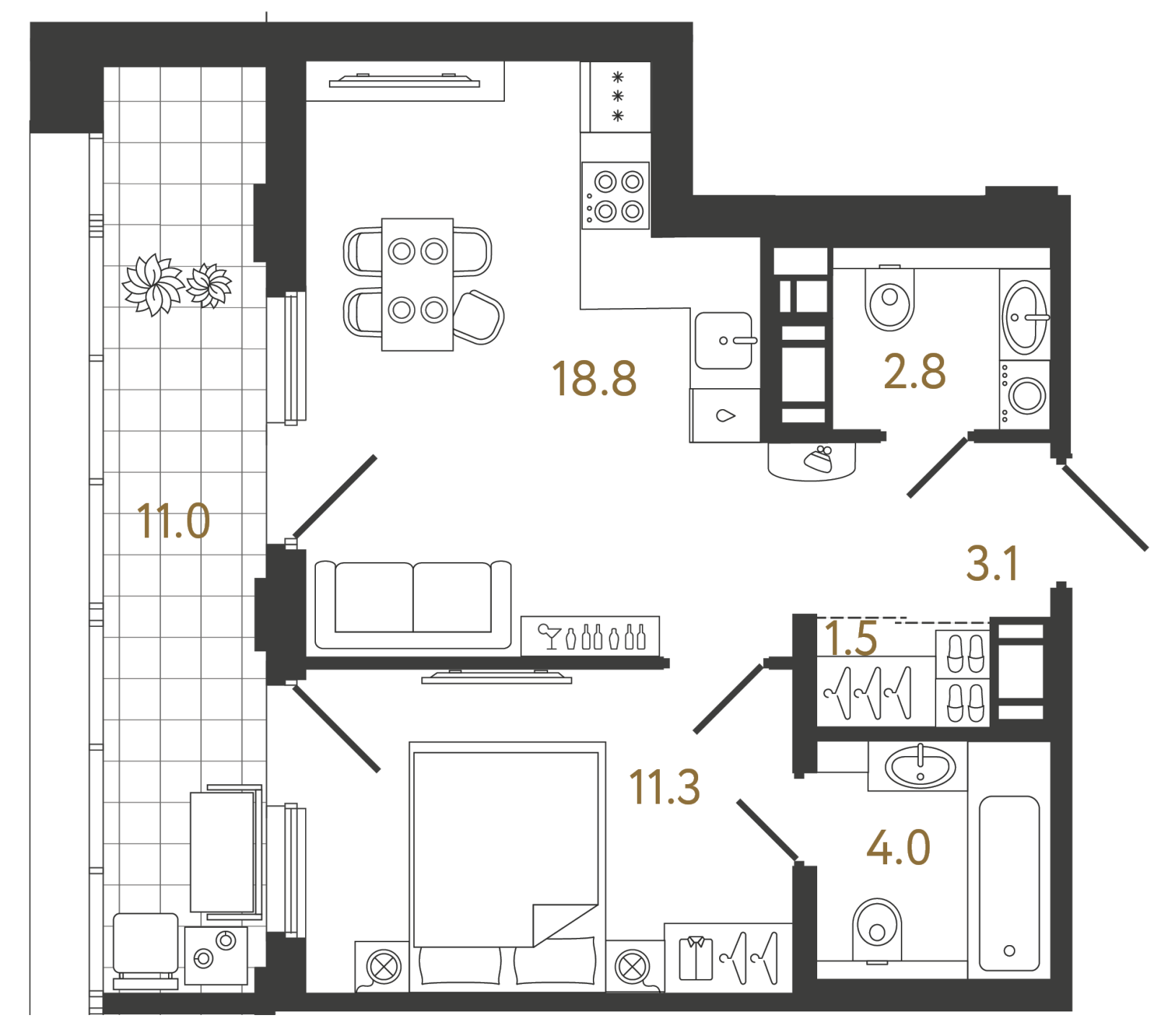 Планировка: 1-комнатная квартира, 41,5 м²