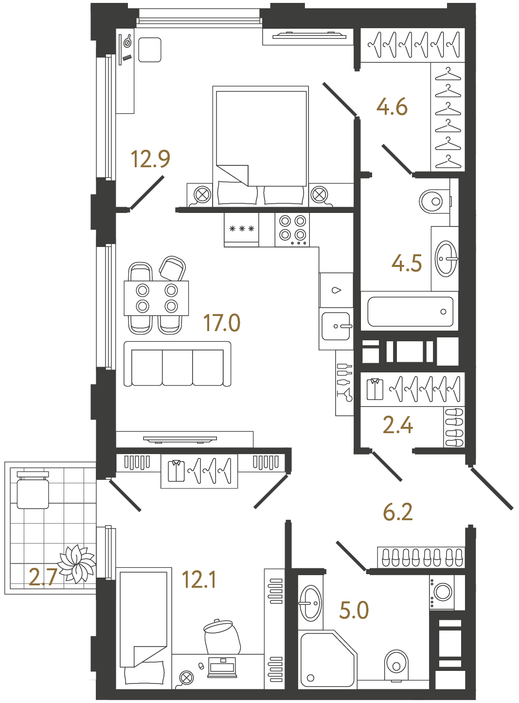 Планировка: 2-комнатная квартира, 64,7 м²