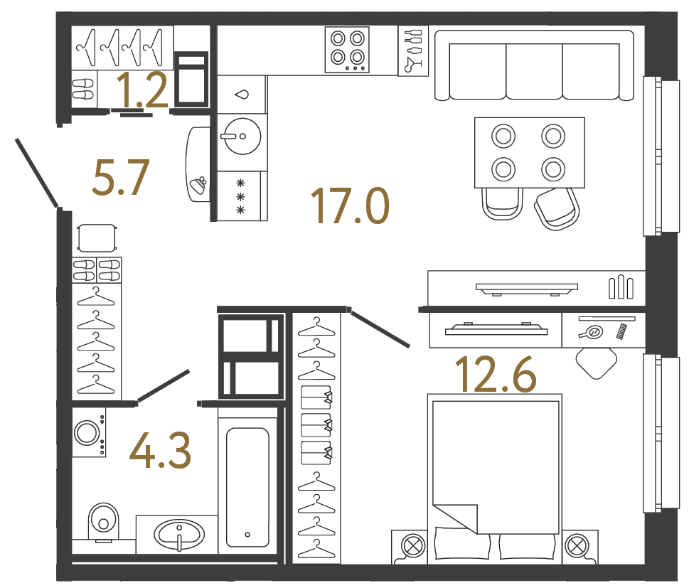 Планировка: 1-комнатная квартира, 40,8 м²