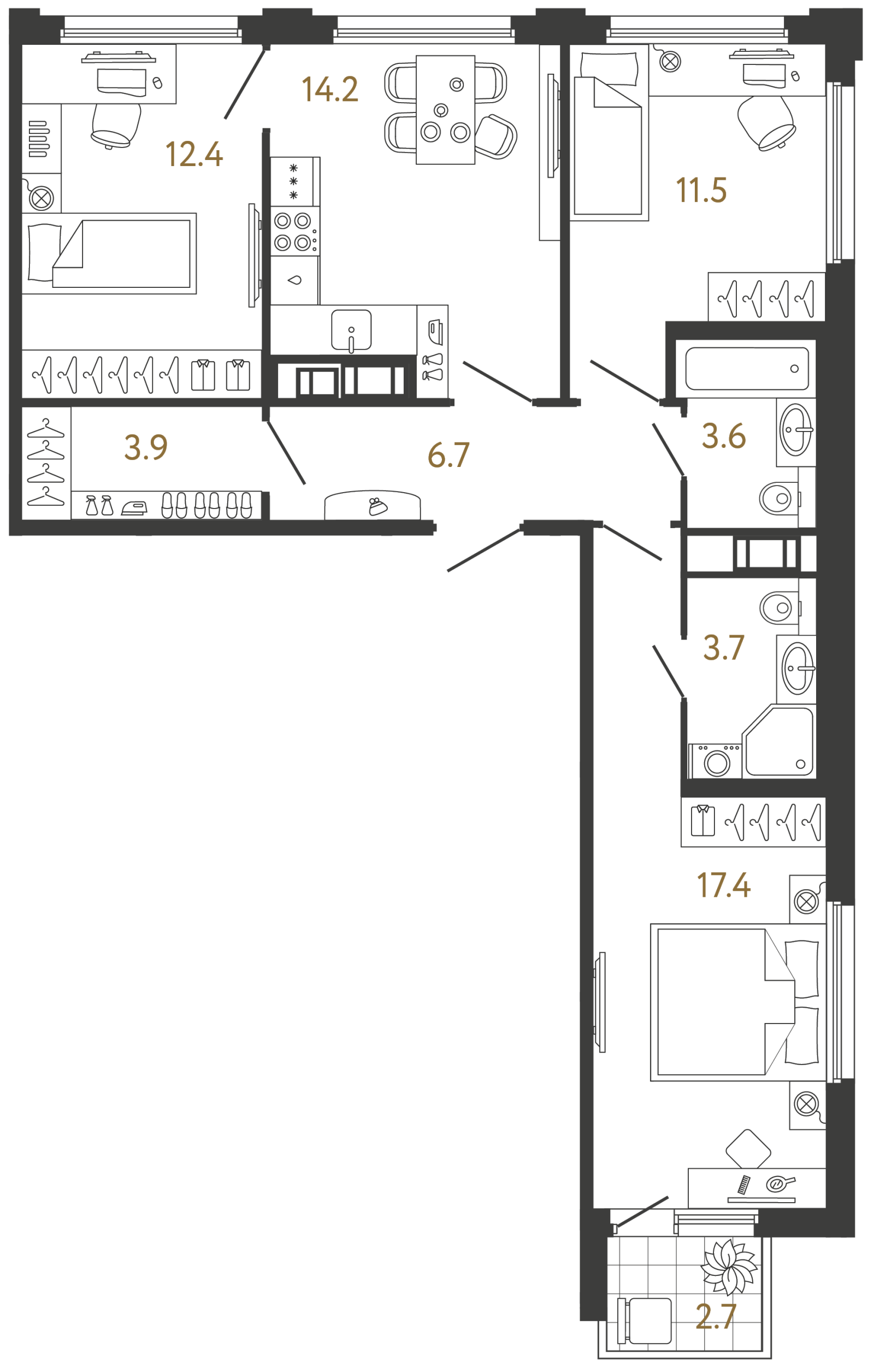 Планировка: 3-комнатная квартира, 73,4 м²
