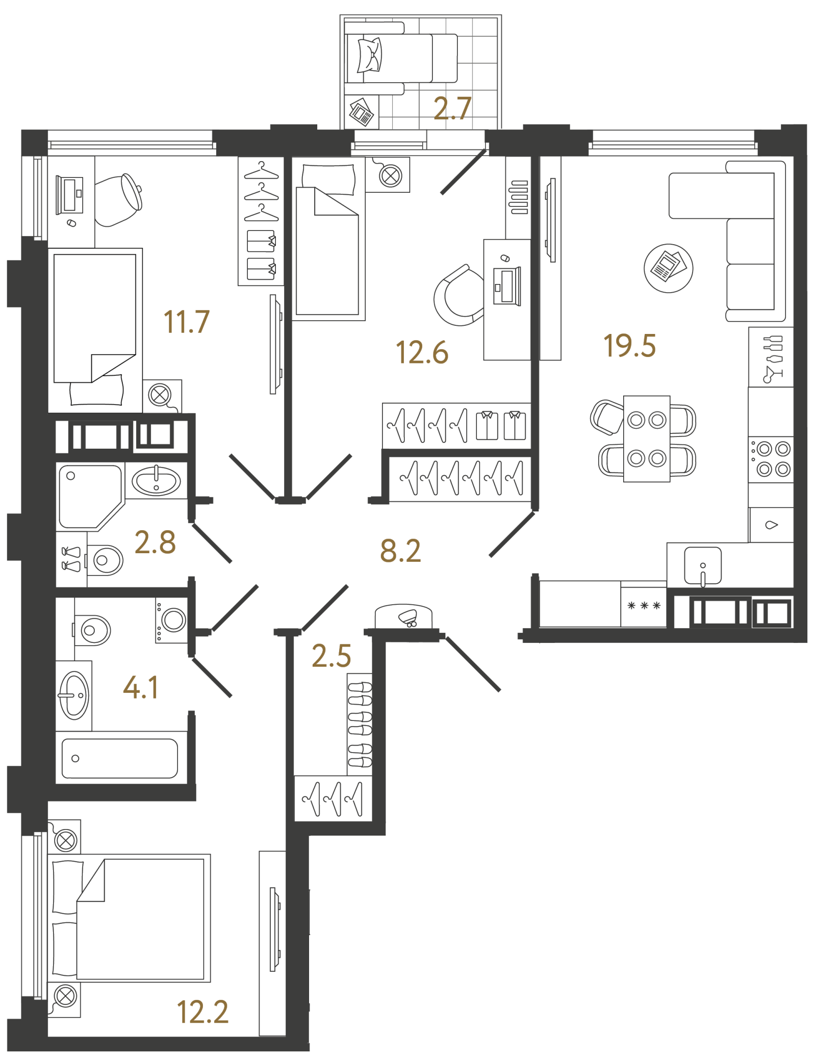 Планировка: 3-комнатная квартира, 73,6 м²