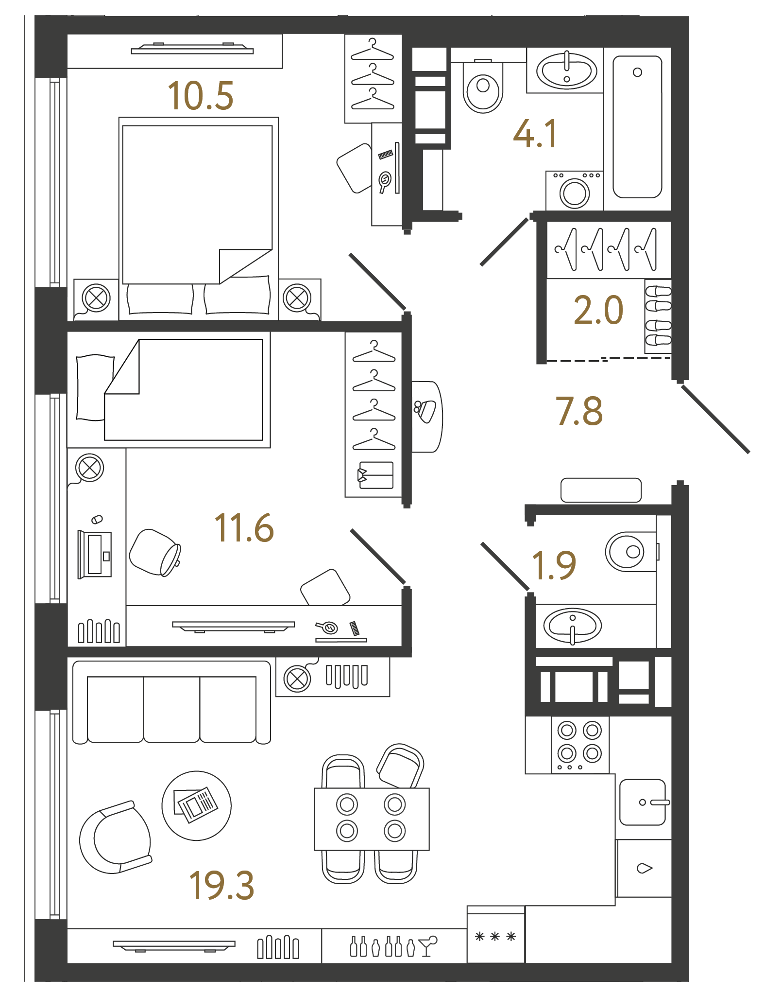 Планировка: 2-комнатная квартира, 57,2 м²