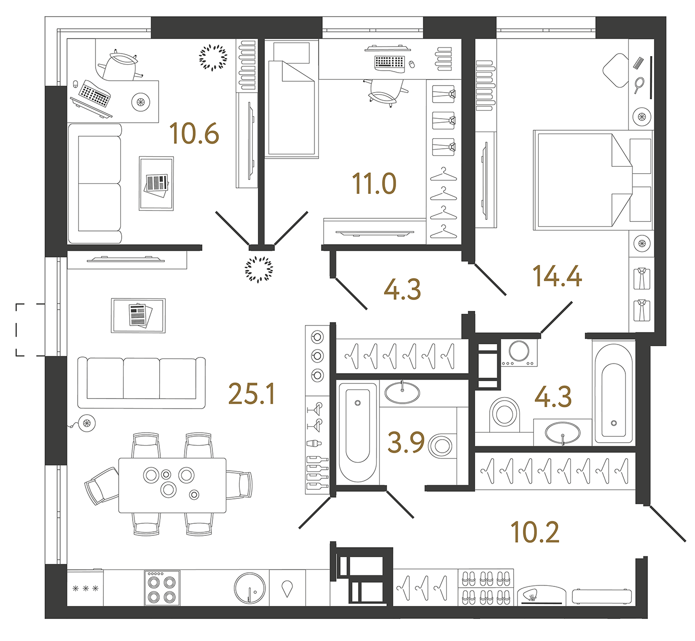 Планировка: 3-комнатная квартира, 83,8 м²