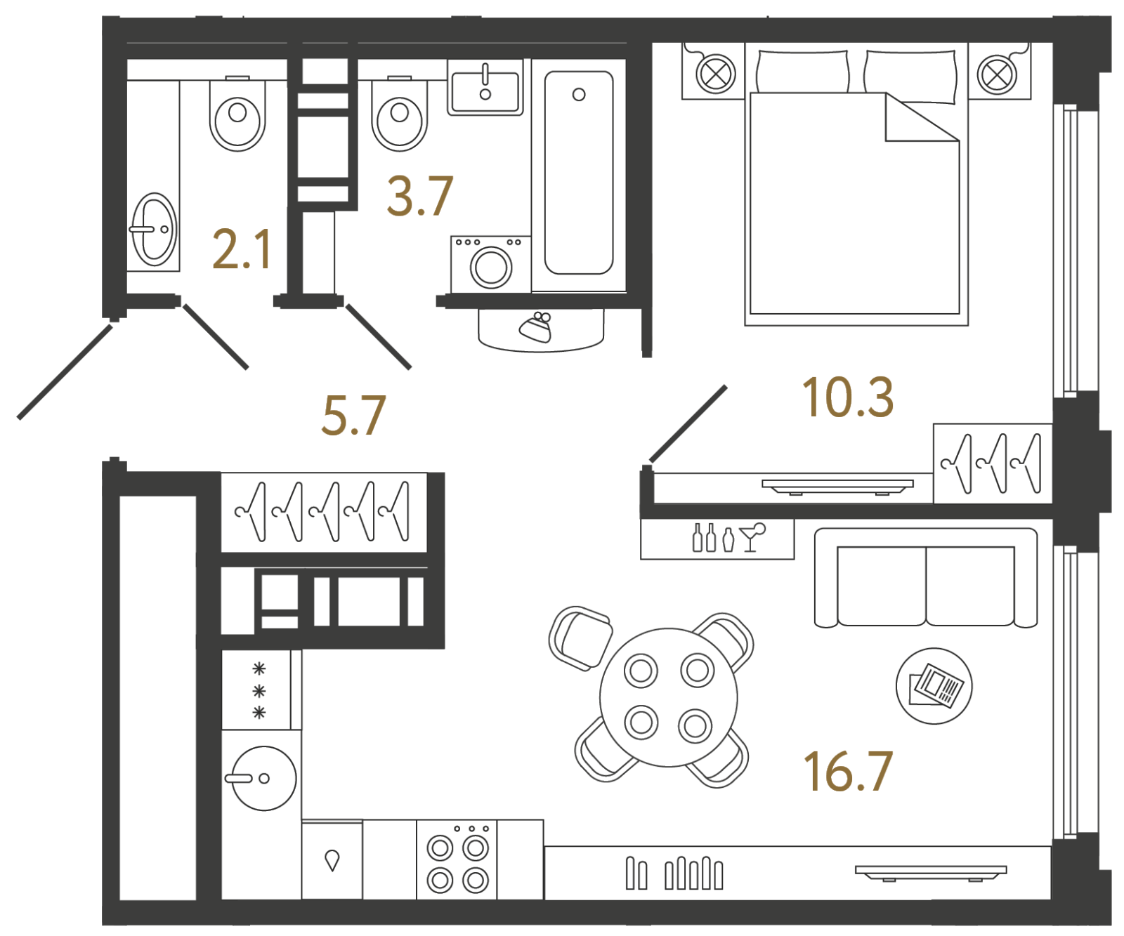 Планировка: 1-комнатная квартира, 38,5 м²