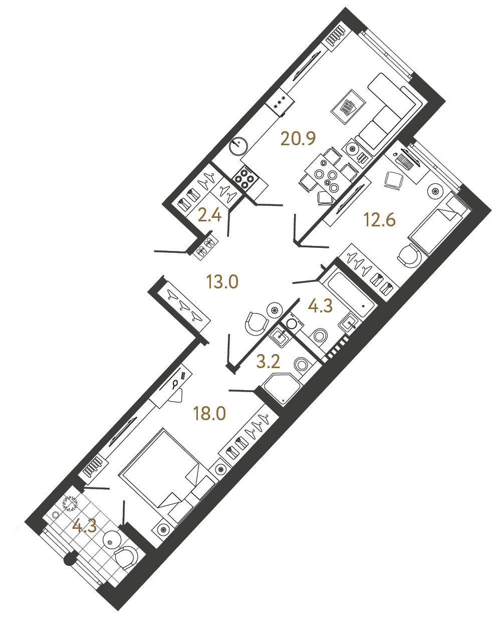 Планировка: 2-комнатная квартира, 74,4 м²