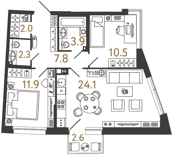 Планировка: 2-комнатная квартира, 62,5 м²