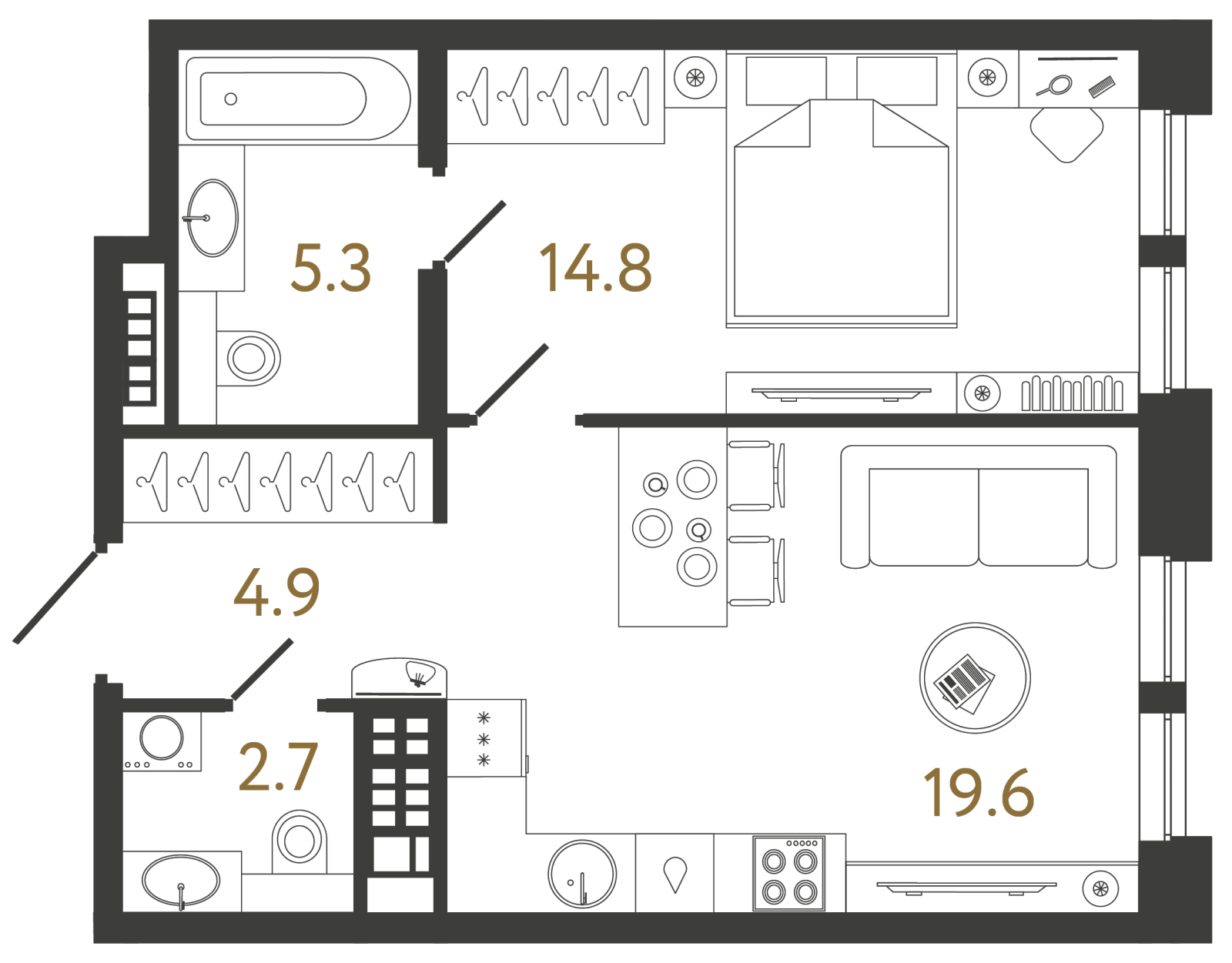 Планировка: 1-комнатная квартира, 47,3 м²
