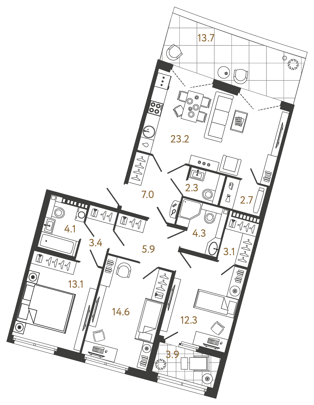 Планировка: 3-комнатная квартира, 96,0 м²