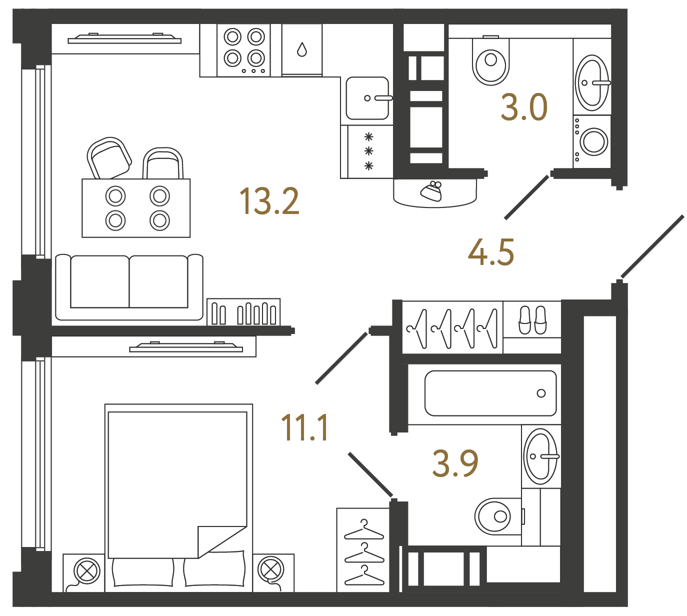 Планировка: 1-комнатная квартира, 35,7 м²