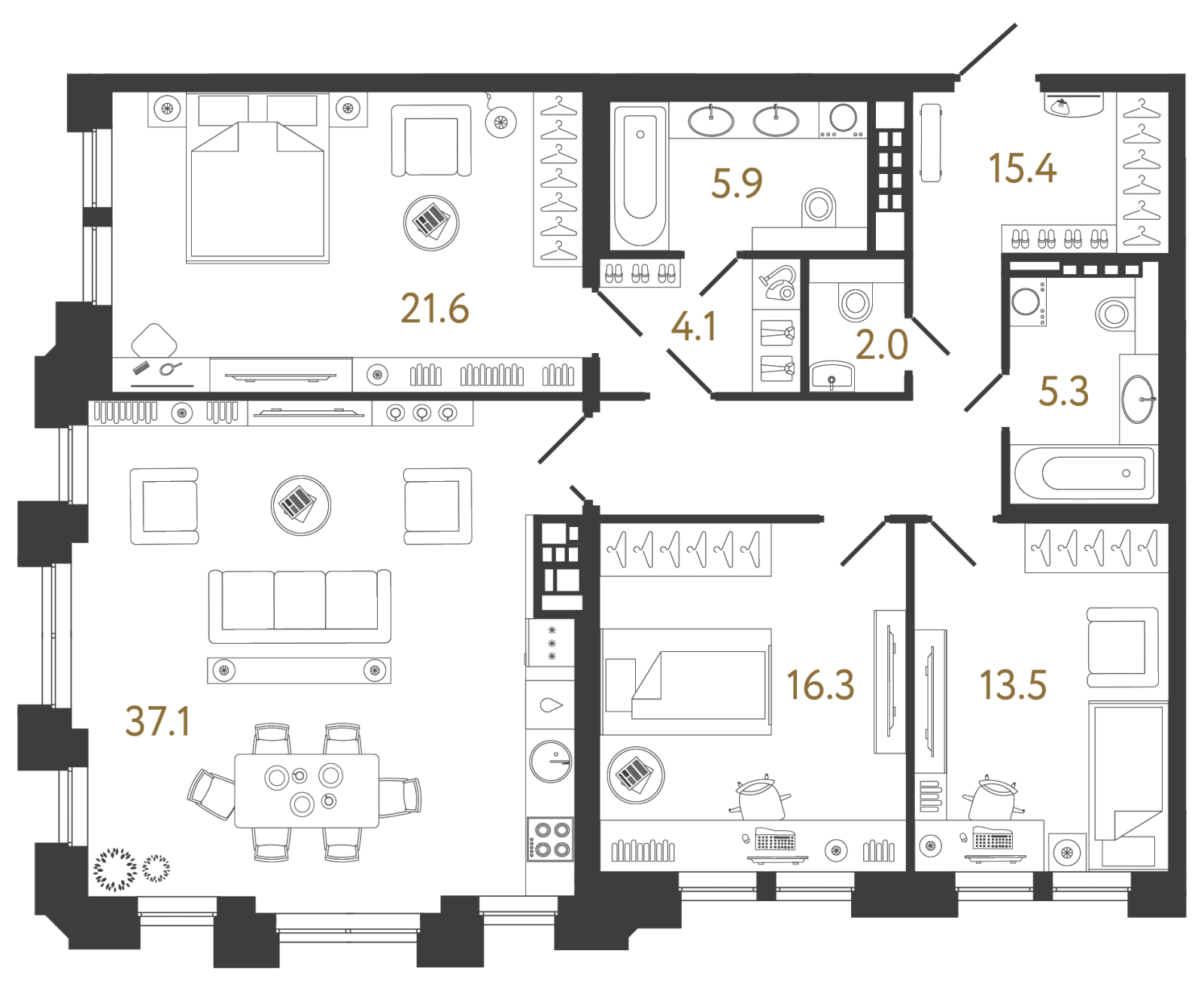 Планировка: 3-комнатная квартира, 121,2 м²