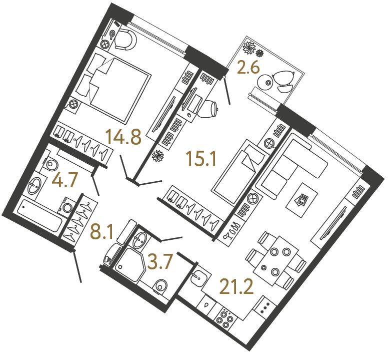 Планировка: 2-комнатная квартира, 67,6 м²