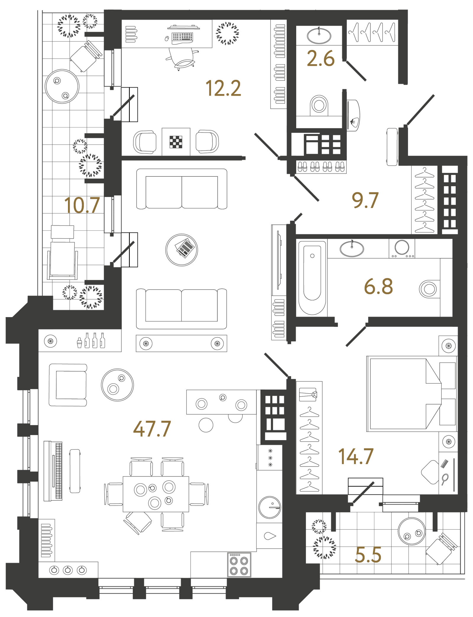 Планировка: 2-комнатная квартира, 93,7 м²