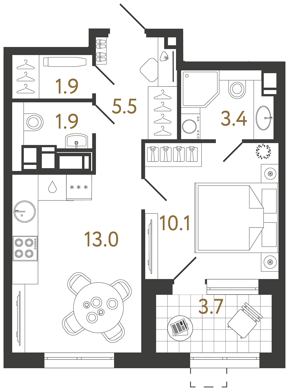 Планировка: 1-комнатная квартира, 35,8 м²