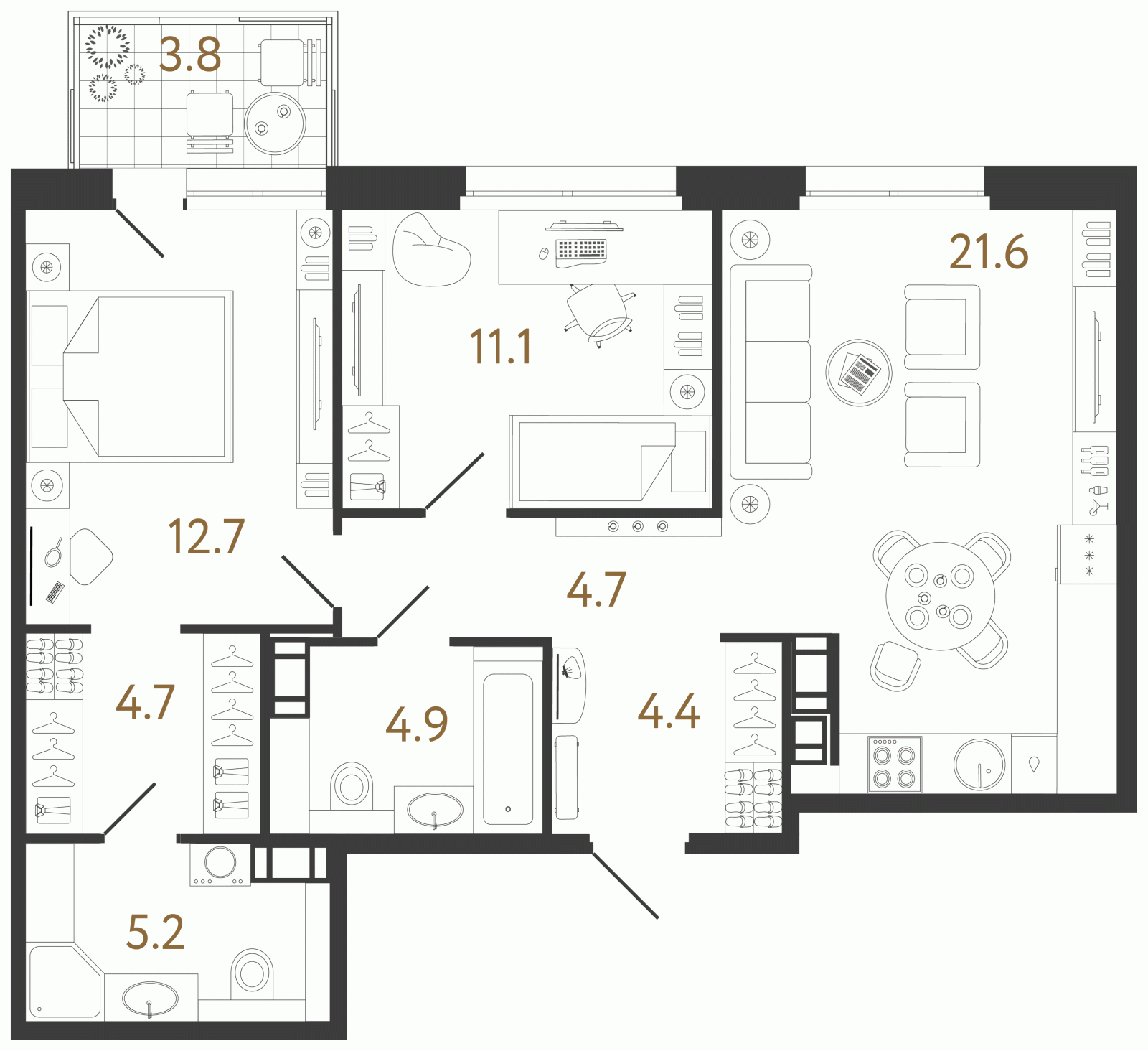 Планировка: 2-комнатная квартира, 68,8 м²