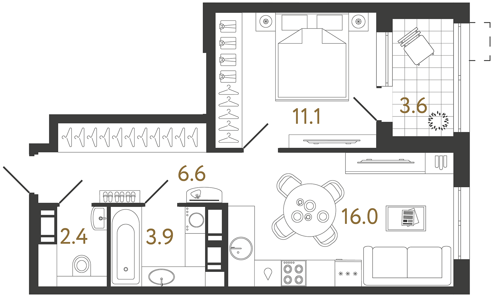 Планировка: 1-комнатная квартира, 40,0 м²