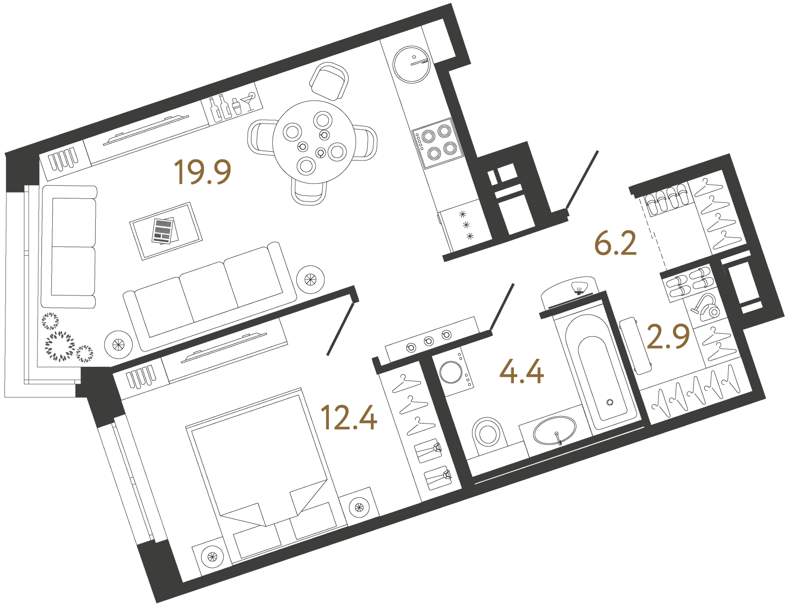 Планировка: 1-комнатная квартира, 45,8 м²