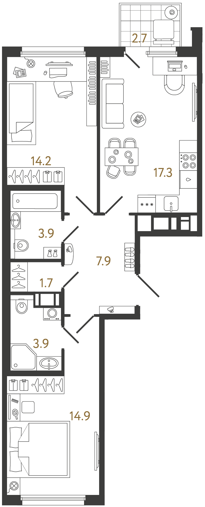 Планировка: 2-комнатная квартира, 63,8 м²