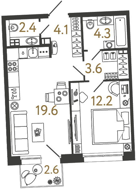 Планировка: 1-комнатная квартира, 46,2 м²
