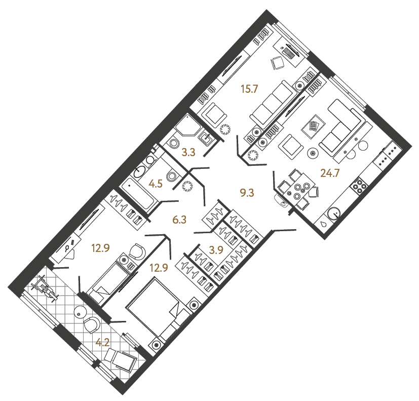 Планировка: 3-комнатная квартира, 93,6 м²