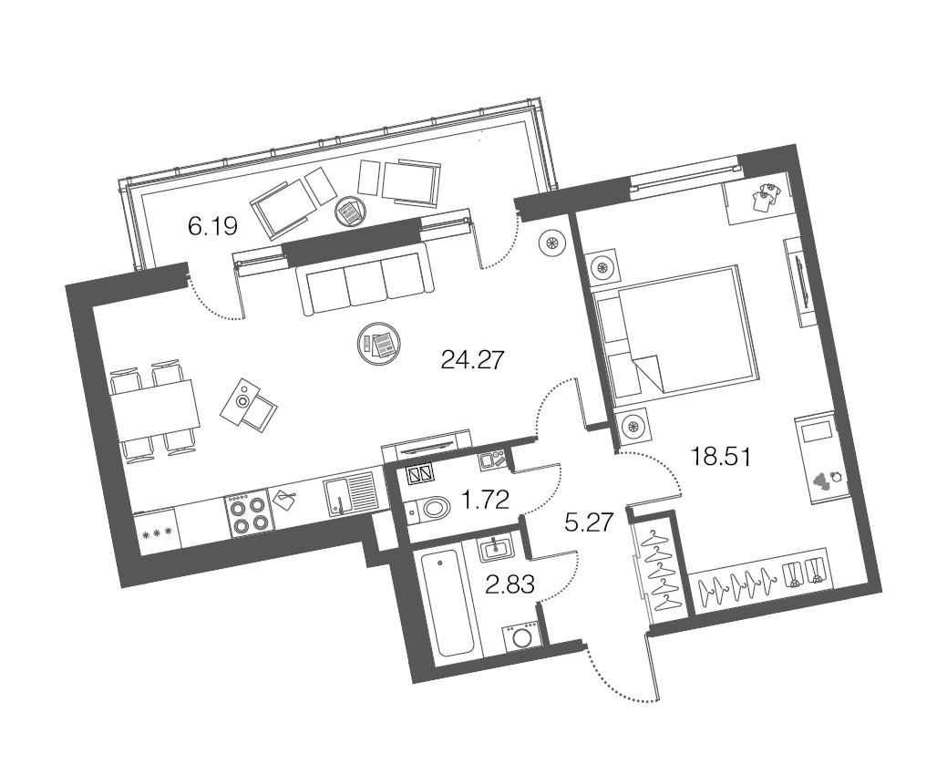 Планировка: 1-комнатная квартира, 52,9 м²