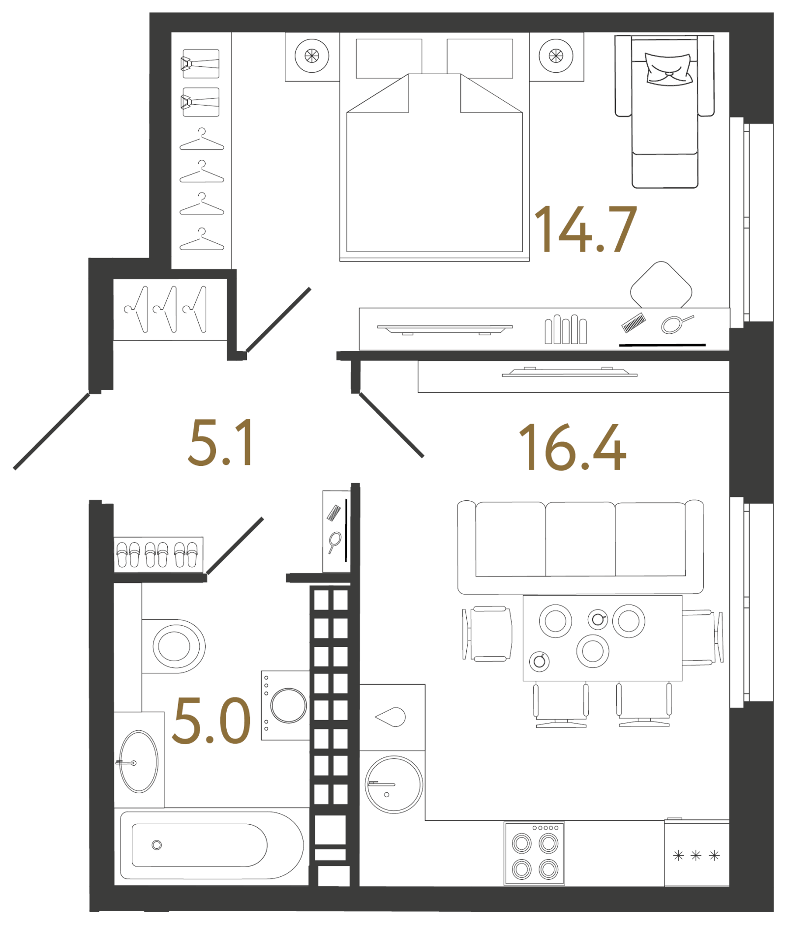 Планировка: 1-комнатная квартира, 41,2 м²