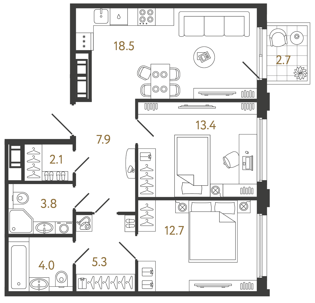 Планировка: 2-комнатная квартира, 67,7 м²