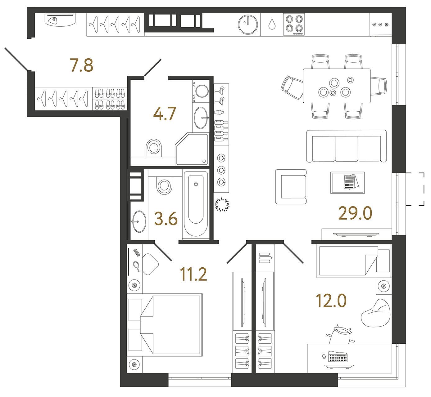 Планировка: 2-комнатная квартира, 68,3 м²