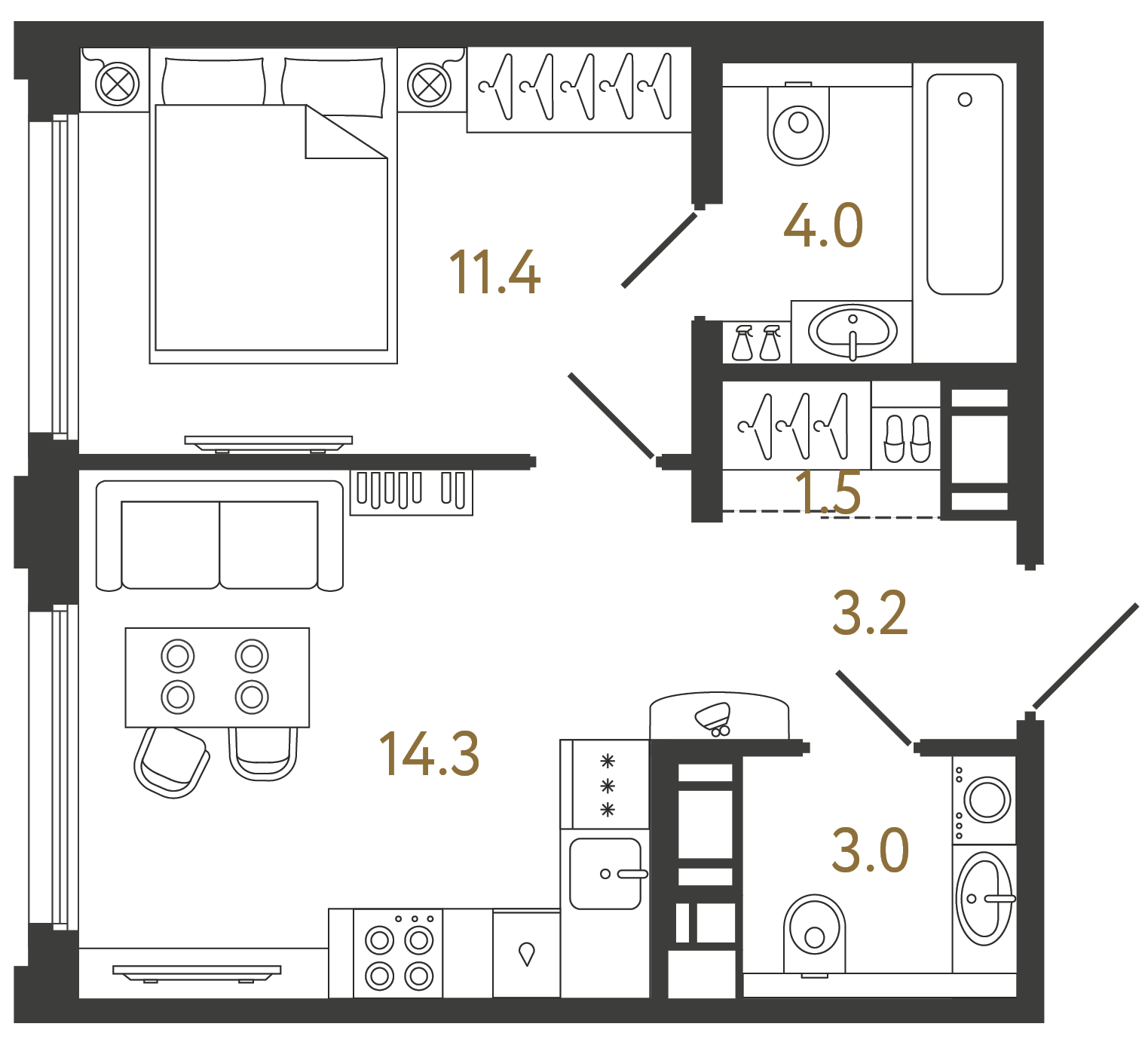 Планировка: 1-комнатная квартира, 37,4 м²