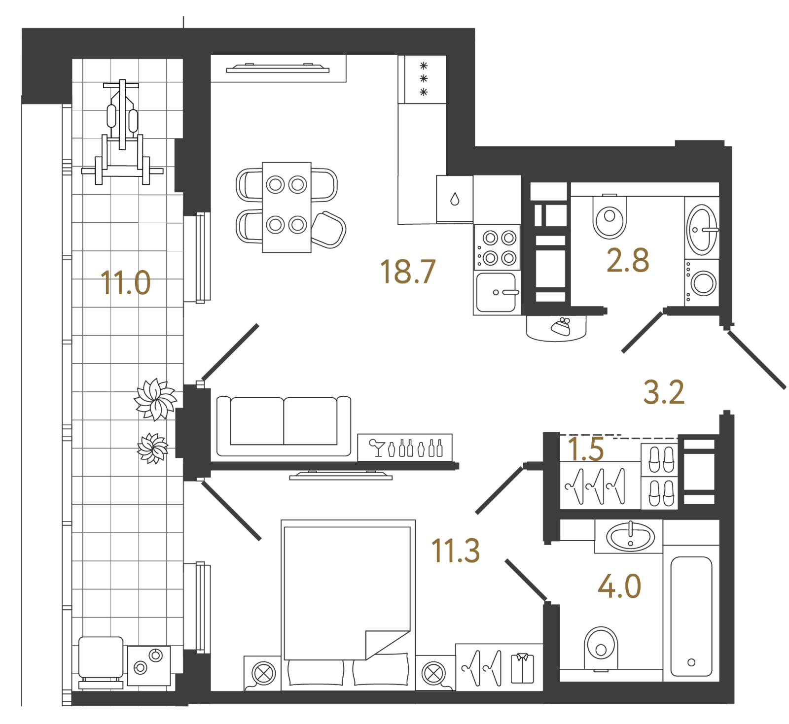 Планировка: 1-комнатная квартира, 41,5 м²