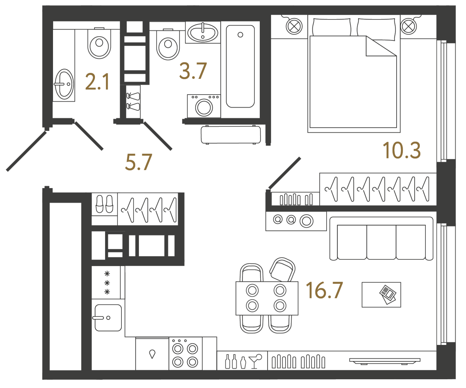 Планировка: 1-комнатная квартира, 38,5 м²