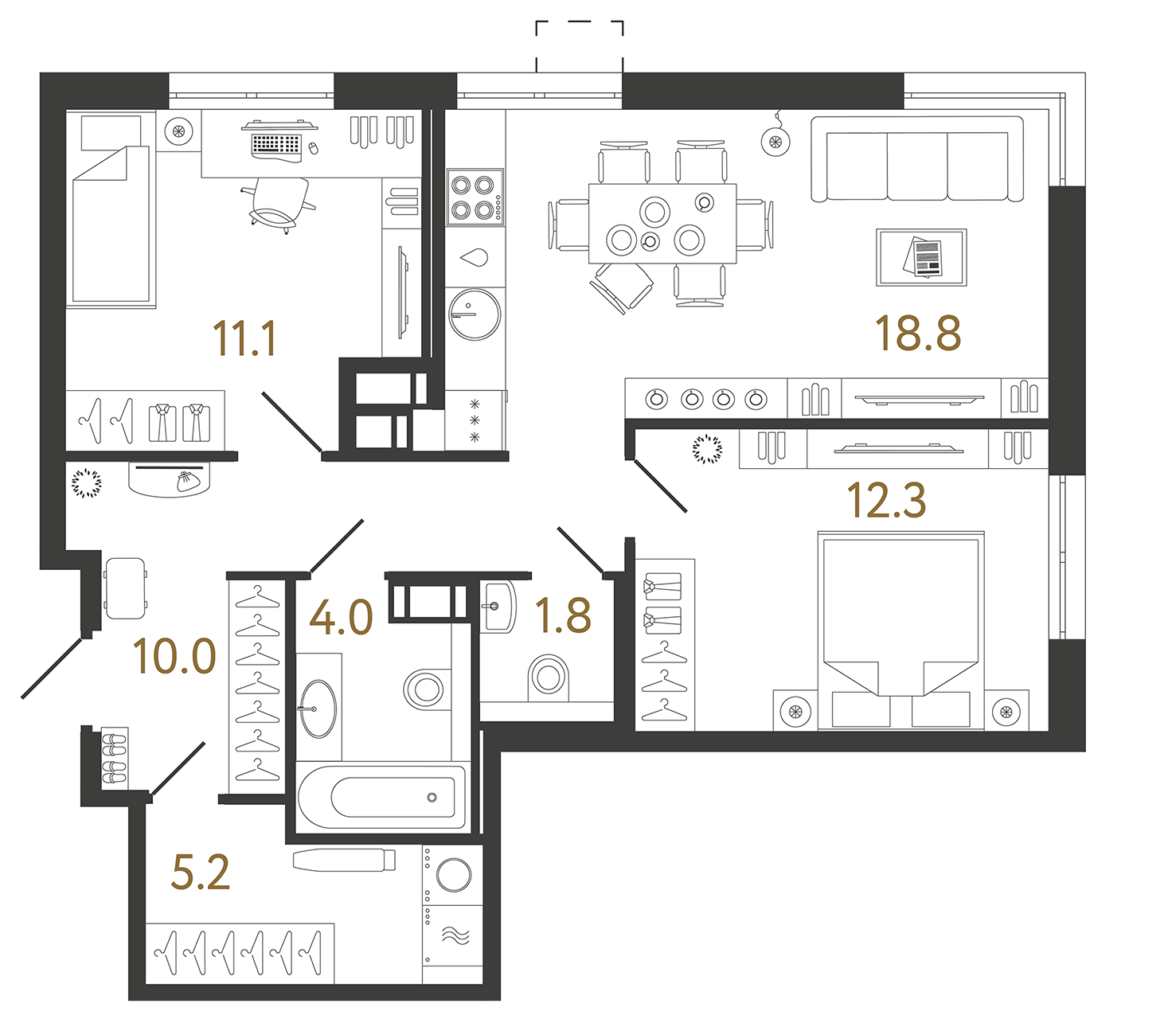 Планировка: 2-комнатная квартира, 63,2 м²