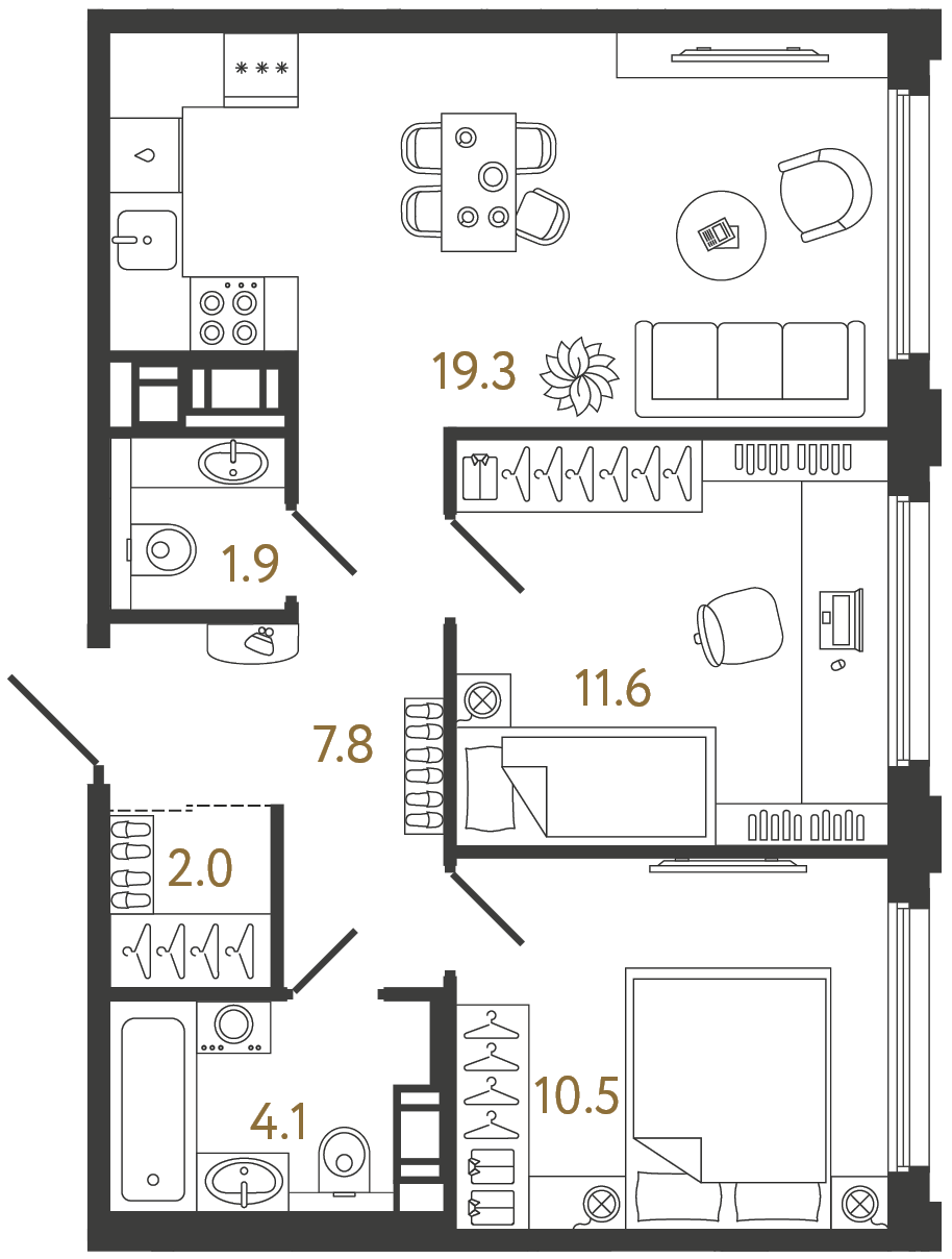 Планировка: 2-комнатная квартира, 57,2 м²