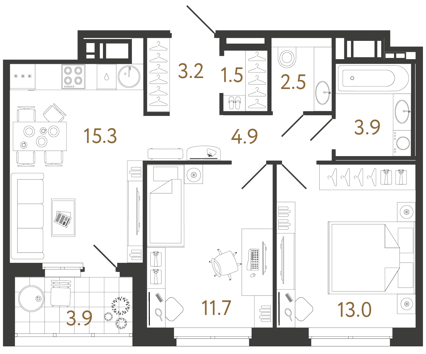 Планировка: 2-комнатная квартира, 56,0 м²