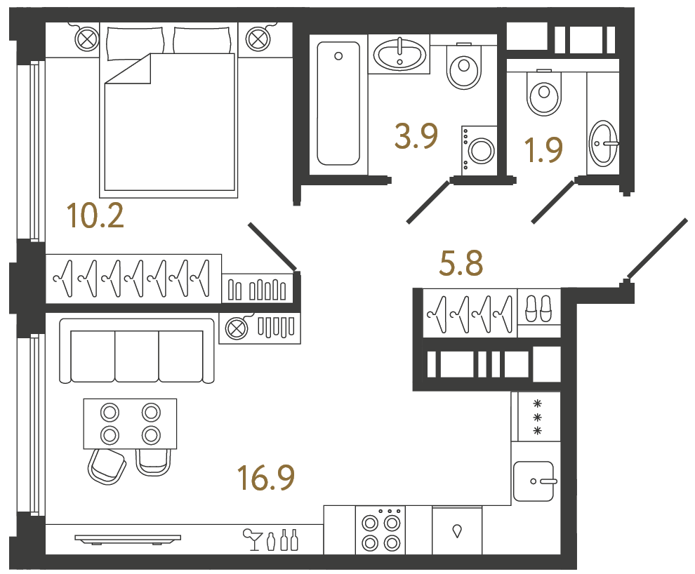 Планировка: 1-комнатная квартира, 38,7 м²