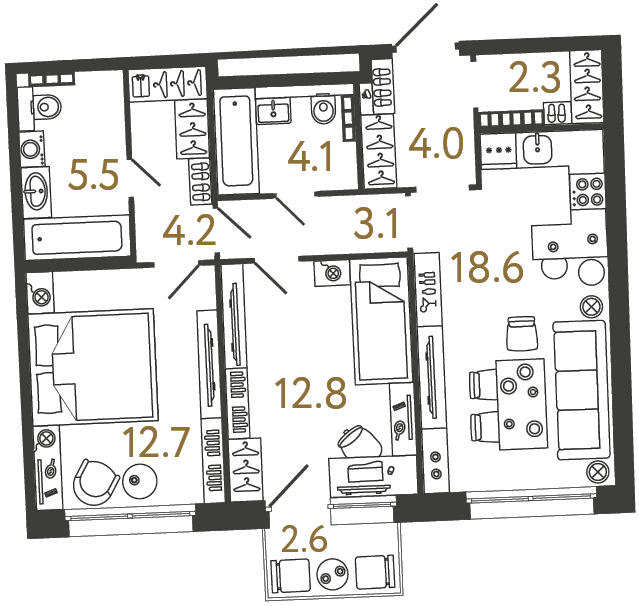 Планировка: 2-комнатная квартира, 67,3 м²