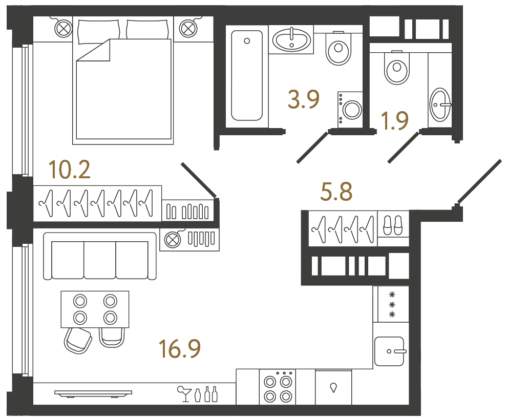 Планировка: 1-комнатная квартира, 38,7 м²