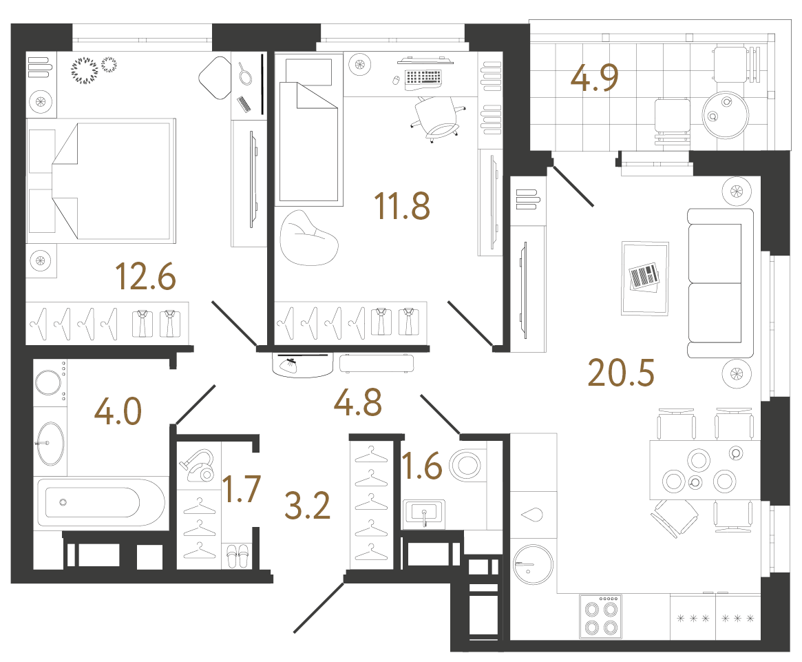 Планировка: 2-комнатная квартира, 60,2 м²