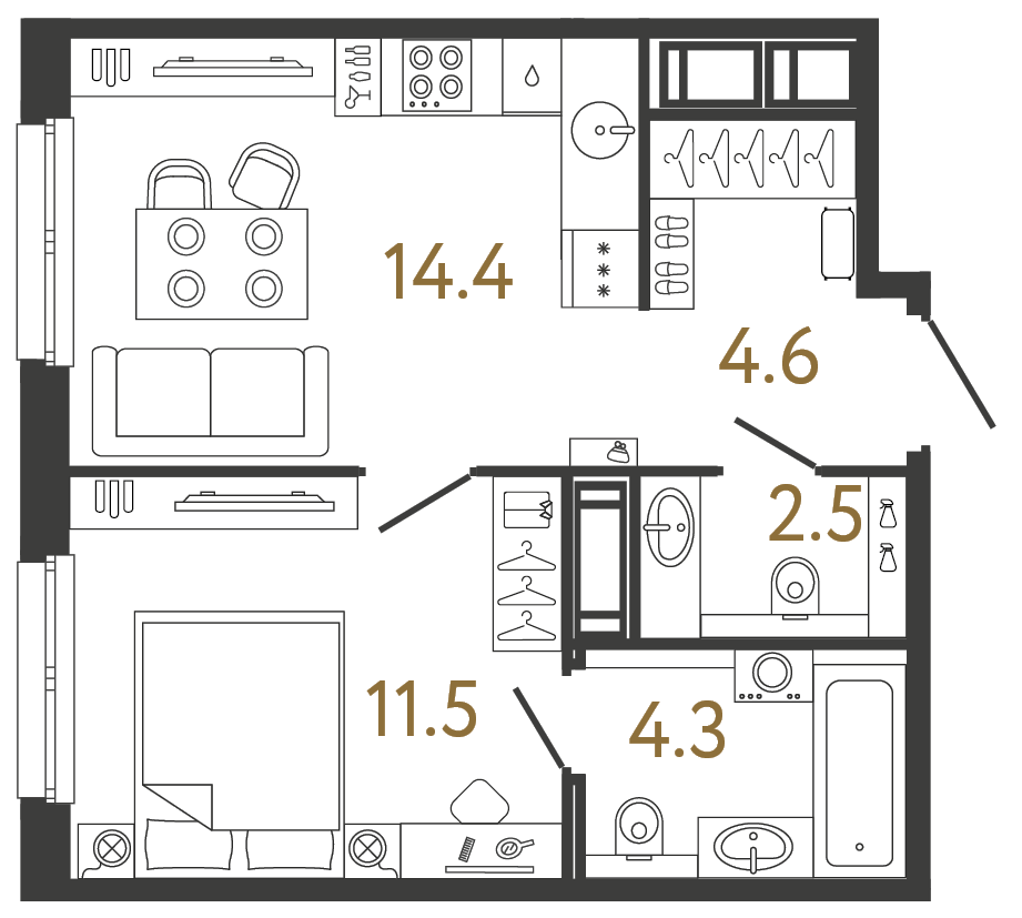 Планировка: 1-комнатная квартира, 37,3 м²