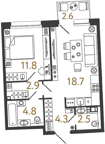 Планировка: 1-комнатная квартира, 45,0 м²