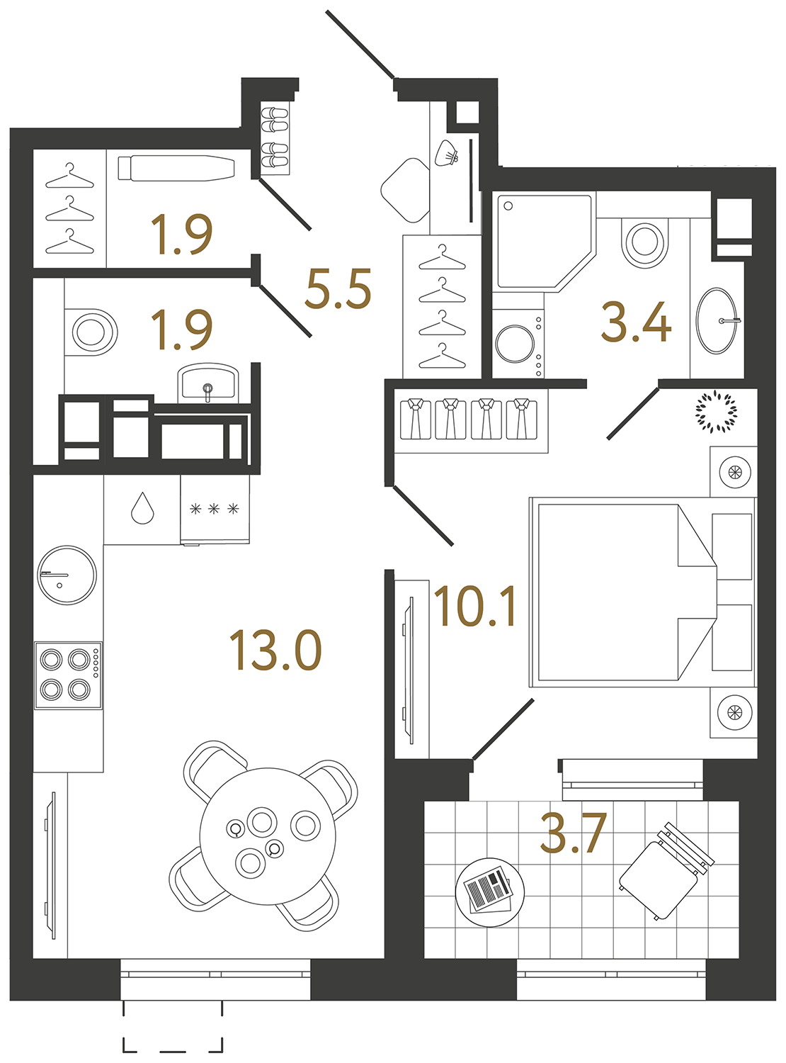 Планировка: 1-комнатная квартира, 35,8 м²